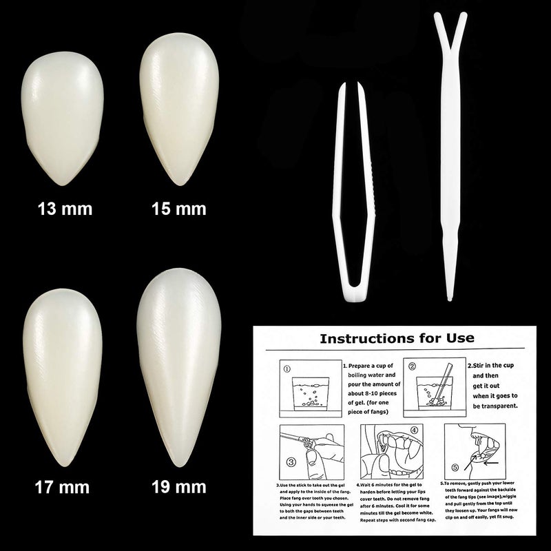 BBTO Set of 8 Vampire Teeth 4 Size Halloween Cosplay Fangs Fake Teeth with Tooth Pellets Adhesive Installation Tools and Instruction Halloween Party Cosplay Dentures Prop(White) - Image 3